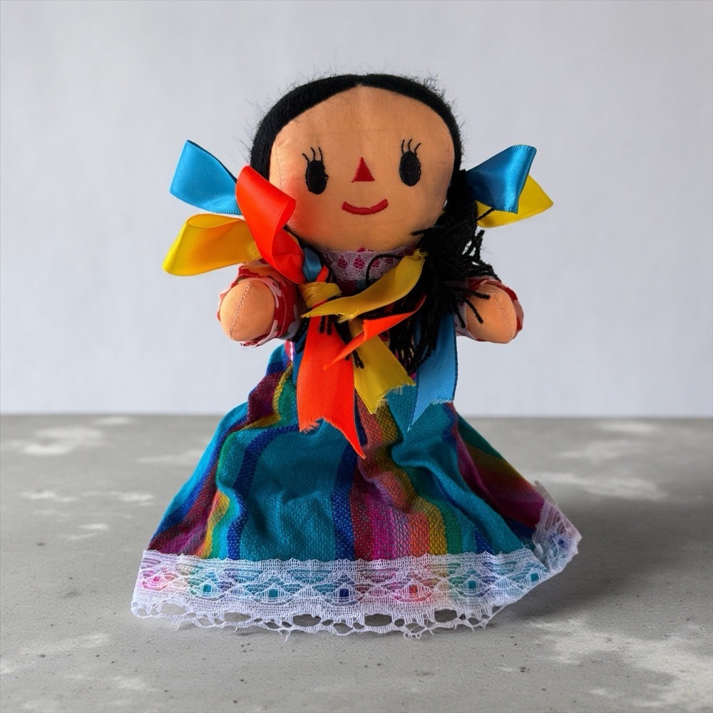 Mexican Rag Doll Jointed Handmade Folk Art 10" Girl Black Hair